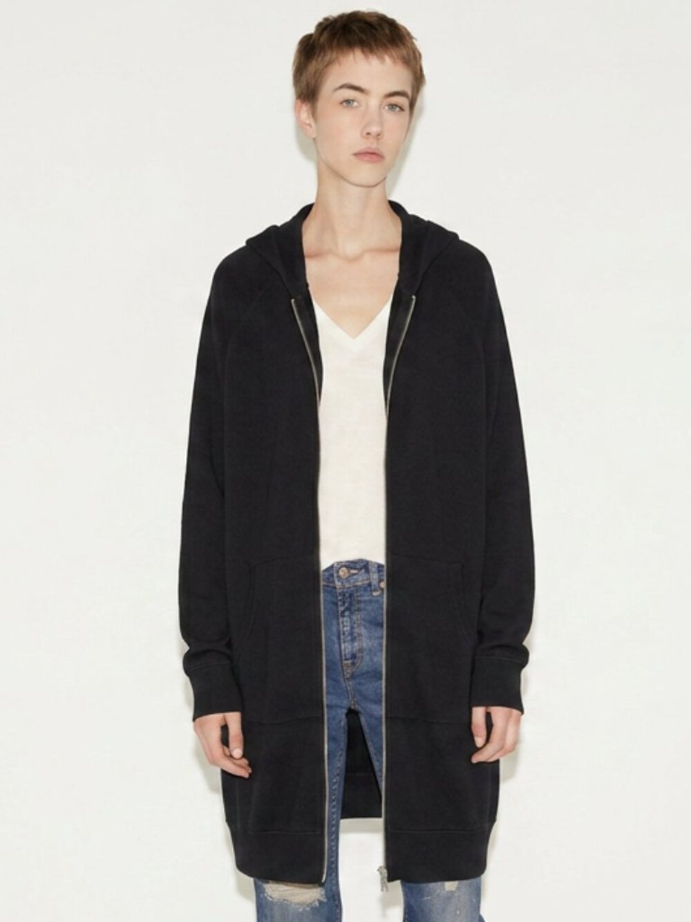 R13 Black Long Zip Hoodie Coat